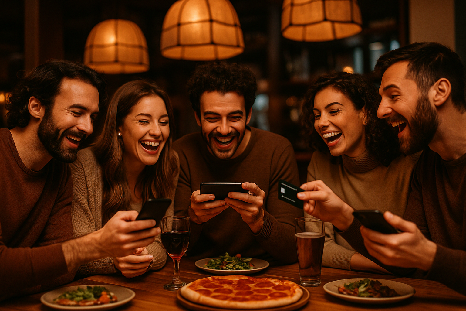 Personas disfrutando en restaurante con celulares